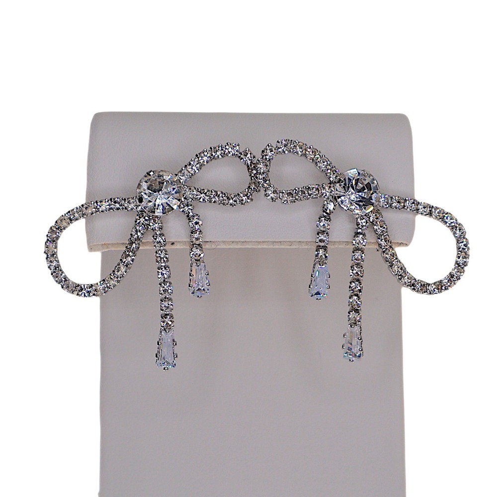 Swarovski Crystal Bow Earrings Silver Overlay Dangle Bridal One of a Kind